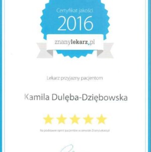Certyfikat jakości Znany Lekarz. Kamila Dulęba Dziębowska Naturalnie Dla Zdrowia