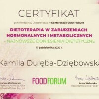 dietetyk Kamila Dulęba-Dziębowska 7 Dietoterapia w zaburzeniach hormonalnych i metabolicznych, konferencja, uczestnik Kamila Dulęba -Dziębowska