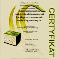 dietetyk Kamila Dulęba-Dziębowska 11 Certyfikat Immunodiagnostyka nadwrażliwości pokarmowej i praktyczne zastosowanie testów diagnostycznych - dietetyk Kamiila Dulęba Dziębowska