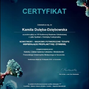 dietetyk Kamila Dulęba Dziębowska 9 Certyfikat Nowotwory, naukowo potwierdzone terapie wspierające profilaktyke i żywienie - dietetyk Kamiila Dulęba Dziębowska