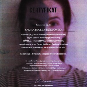 Certyfikaty dietetyka 9 Certyfikat depresja, diagnostyka, leczenie, żywienie - dietetyk Kamiila Dulęba Dziębowska
