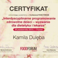 dietetyk Kamila Dulęba-Dziębowska 8 Certyfikat intedyscyplinarne programowanie zdrowtne dzieci - wyzwanie dla dietetyka i lekarza - dietetyk Kamiila Dulęba Dziębowska