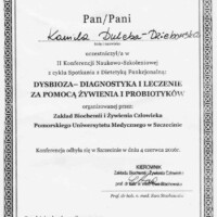 dietetyk Kamila Dulęba-Dziębowska 10 Certyfikat Dysbioza - Diagnostyka i leczenie za pomocą żywienia i probiotyków - dietetyk Kamiila Dulęba Dziębowska