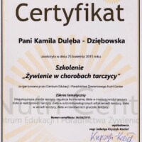 żywienie w chorobach tarczycy,żywienie hashimoto, autoimmunologicze zapalenie tarczycy, niedoczynność tarczycy, dieta w nadczynności tarczycy, dieta w wolach tarczycy, dieta w nowotworach tarczycy certyfikat żywienie w chorobach tarczycy - dietetyk Kamiila Dulęba Dziębowska