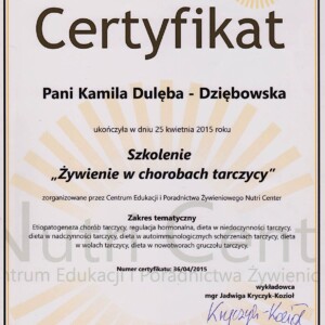 żywienie w chorobach tarczycy,żywienie hashimoto, autoimmunologicze zapalenie tarczycy, niedoczynność tarczycy, dieta w nadczynności tarczycy, dieta w wolach tarczycy, dieta w nowotworach tarczycy certyfikat żywienie w chorobach tarczycy - dietetyk Kamiila Dulęba Dziębowska
