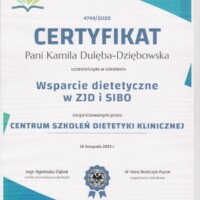 dietetyk Kamila Dulęba Dziębowska 15 Certyfikat dietetyk Kamila Dulęba-Dziębowska - wsparcie dietetyczne w zjd i sibo - centrum szkoleń dietetyki klinicznej